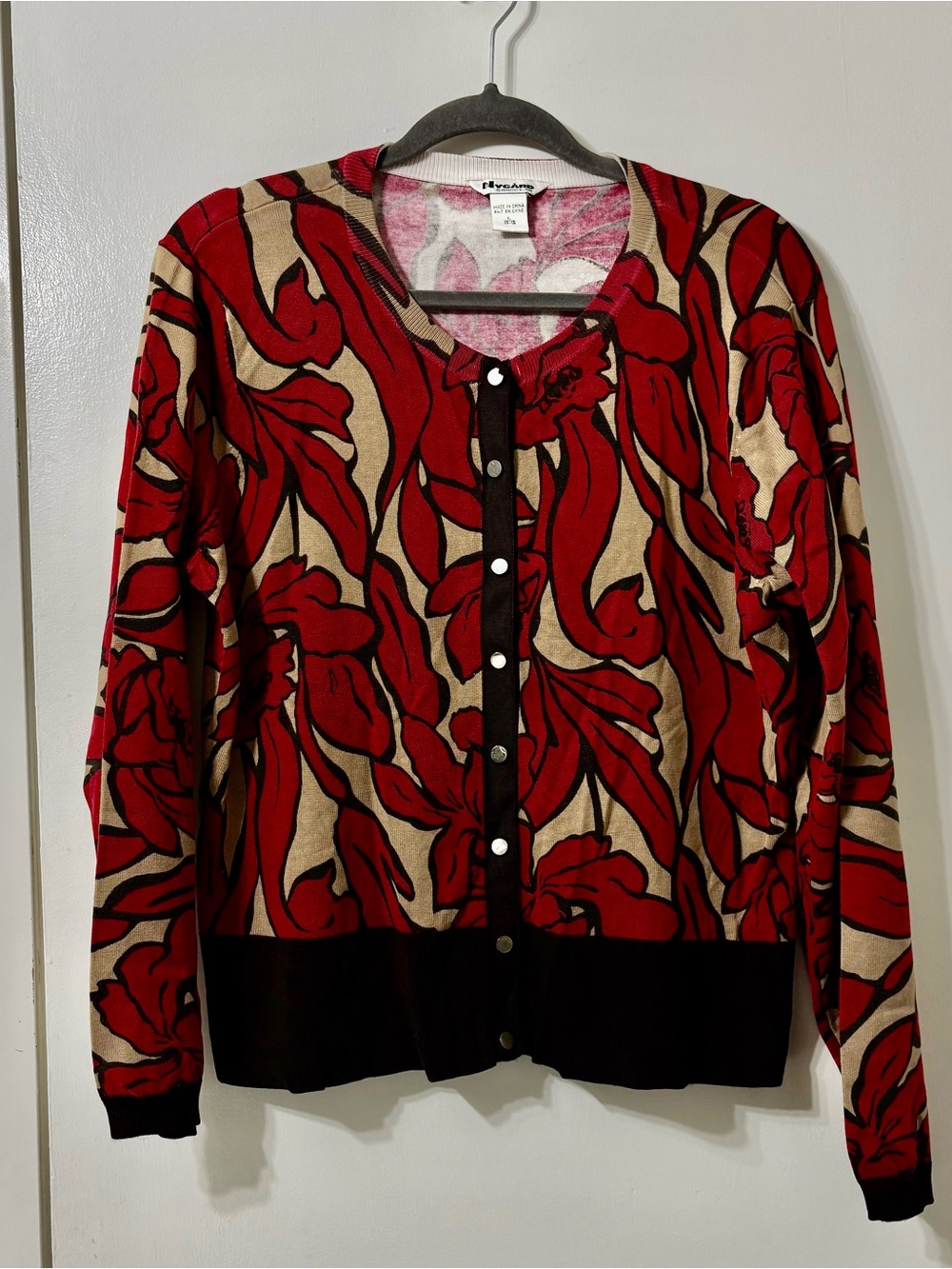 Red Floral Button-Up Nygard Cardigan with Cream Accents